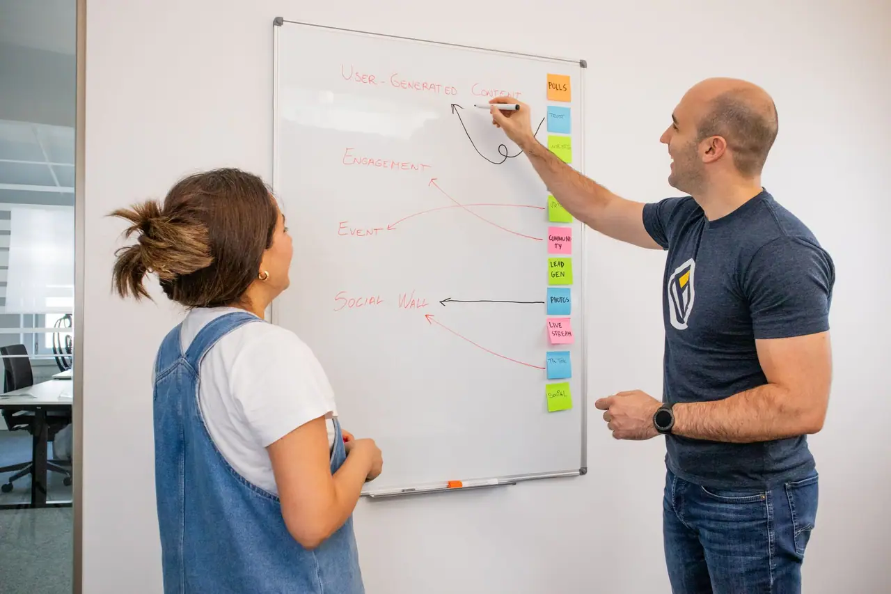 Équipe planifiant une stratégie de contenu sur un tableau Équipe planifiant une stratégie de contenu sur un tableau